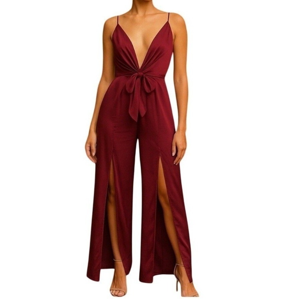 Showpo Womens Jumpsuit 8 Burgundy Satin V-Neck Wide Leg Dressy Party Evening NWT